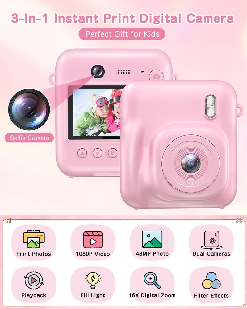 Fulealfly Kids Camera Instant Print, 48MP Selfie Digital Camera for Kids Christmas Birthday Gifts, 1080P Instant Print Cameras with Print Paper, 32GB Card, Toddle Toy for 4 5 6 7 8 9 Year Old Boys Girls-Pink - Image 2